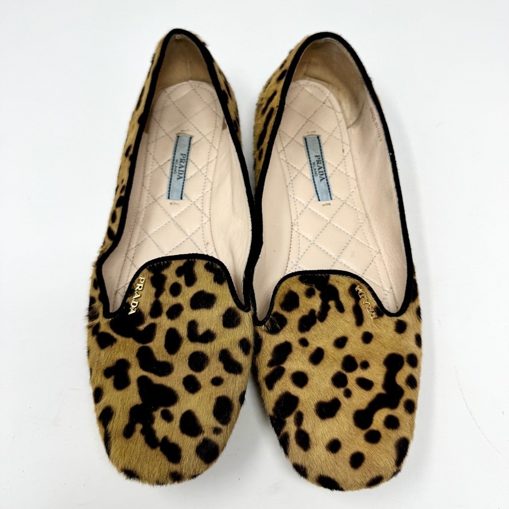 Prada Brown Black Pony Hair Leather Cheetah Print Loafer Flats